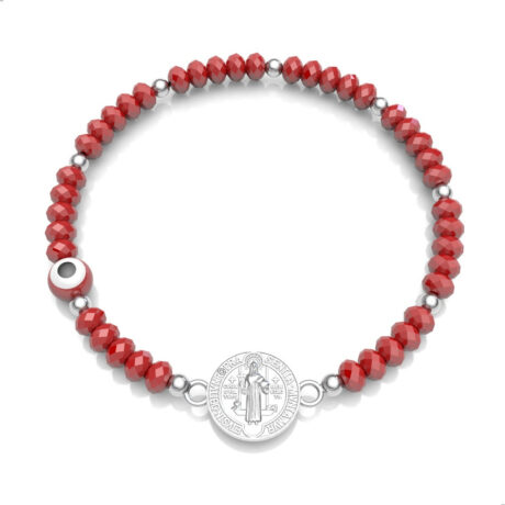 Pulsera Cristal Roja Ojo Y San Benito Plata .925 Agálea Largo 18 Cm