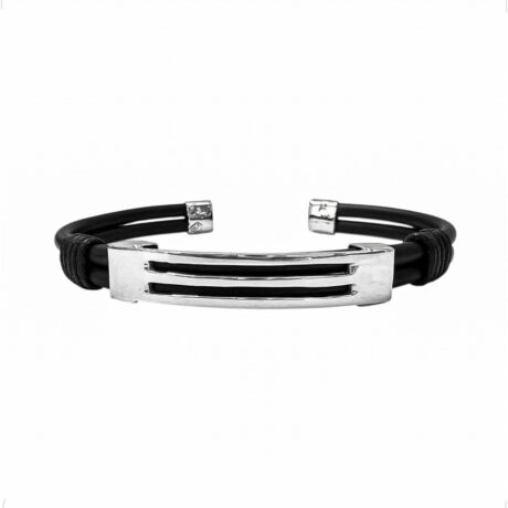 Pulsera Brazalete Plata .925 Y Caucho Grabado Hombre Agálea 2 Lineas 6 Cm 18 Cm