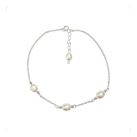 Pulsera Tobillera De Plata .925 Con Perlas Mujer Agálea Beige 6.5 Cm 23 Cm