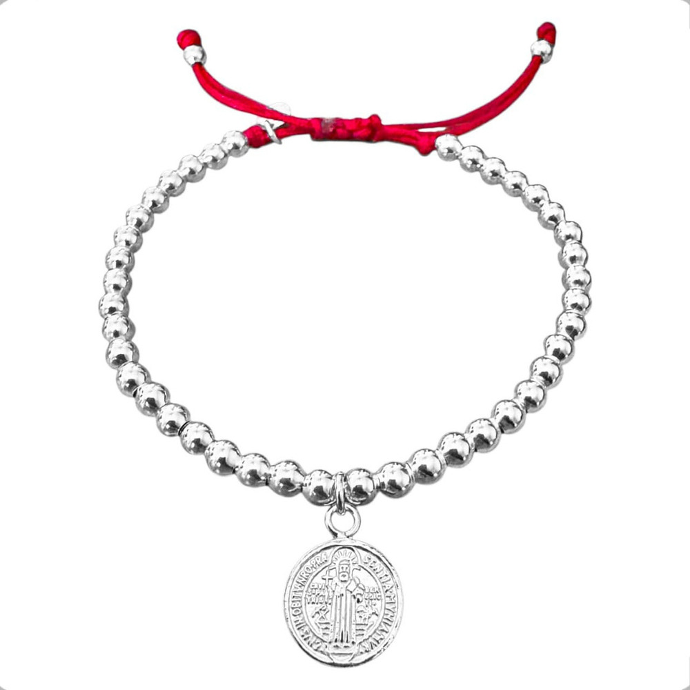 Pulsera San Benito Plata 925 Bolitas 4mm Agalea Mujer Hombre Rojo 21 Cm - Image 2