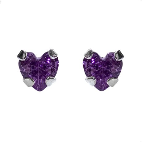 Broqueles Plata 925 Zirconia Corazón Morado Bebe Niña Agálea