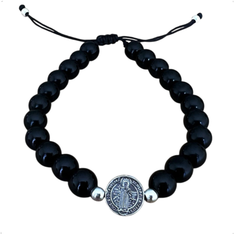 Pulsera San Benito Plata 925 Bolitas De Onix Hombre Agálea Diámetro 5   Largo 19 Cm