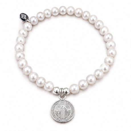 Pulsera Perla Natural Con Dije San Benito Plata 925 Agálea Diámetro 5   Largo 18