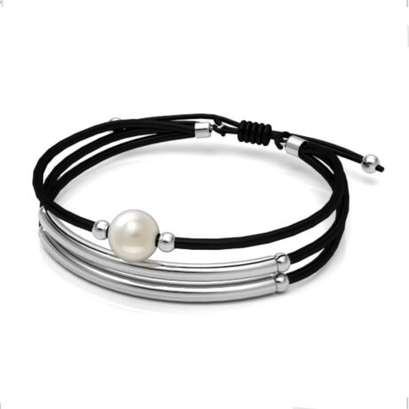 Pulsera De Piel Y Plata .925 Con Perla Natural Mujer Agálea Color Negro Diámetro 0 Mm Largo 18 Cm