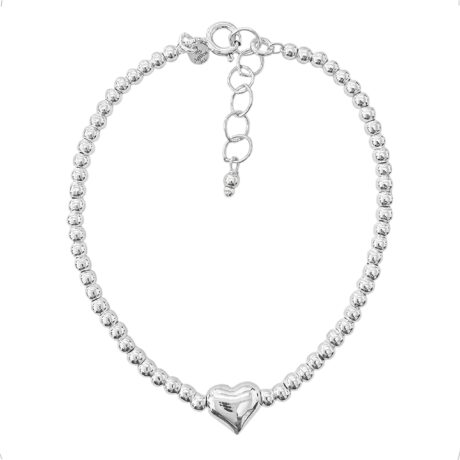 Pulsera Bolitas 4mm Plata .925 Dije Corazon Circonia Agálea Plateado 5.5 Cm 21 Cm