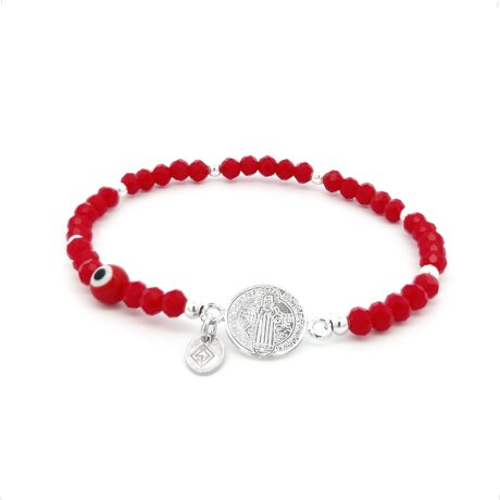 Pulsera Cristal Roja Ojo Y San Benito Plata .925 Agálea Largo 18 Cm