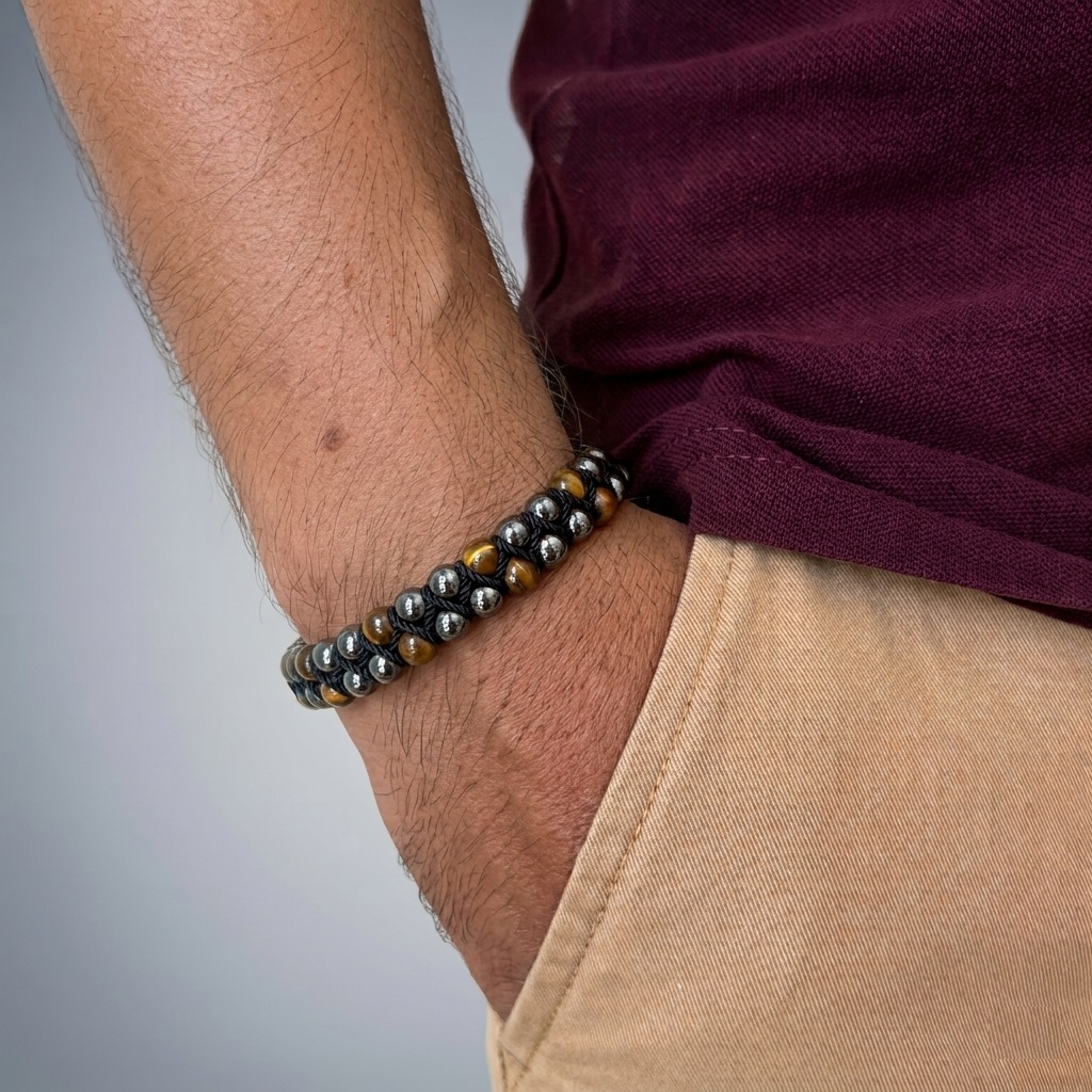 Pulsera Bolitas Acerlina Y Plata .925 Agálea Hombre Color Acerlina-cafe - Image 3