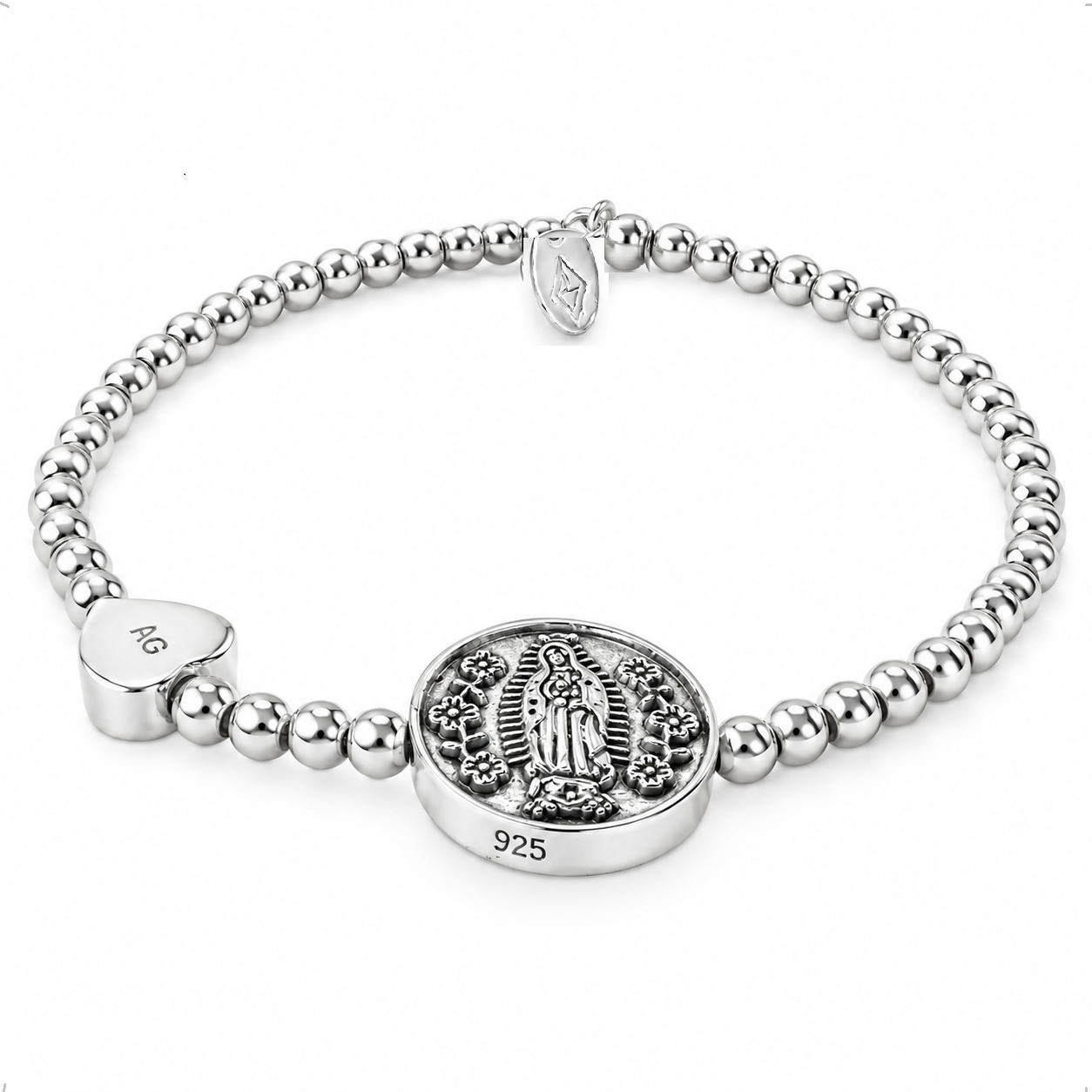 Pulsera Plata 925 Bolitas Virgen San Benito Corazón Agálea Plateado 5 Cm 16 Cm