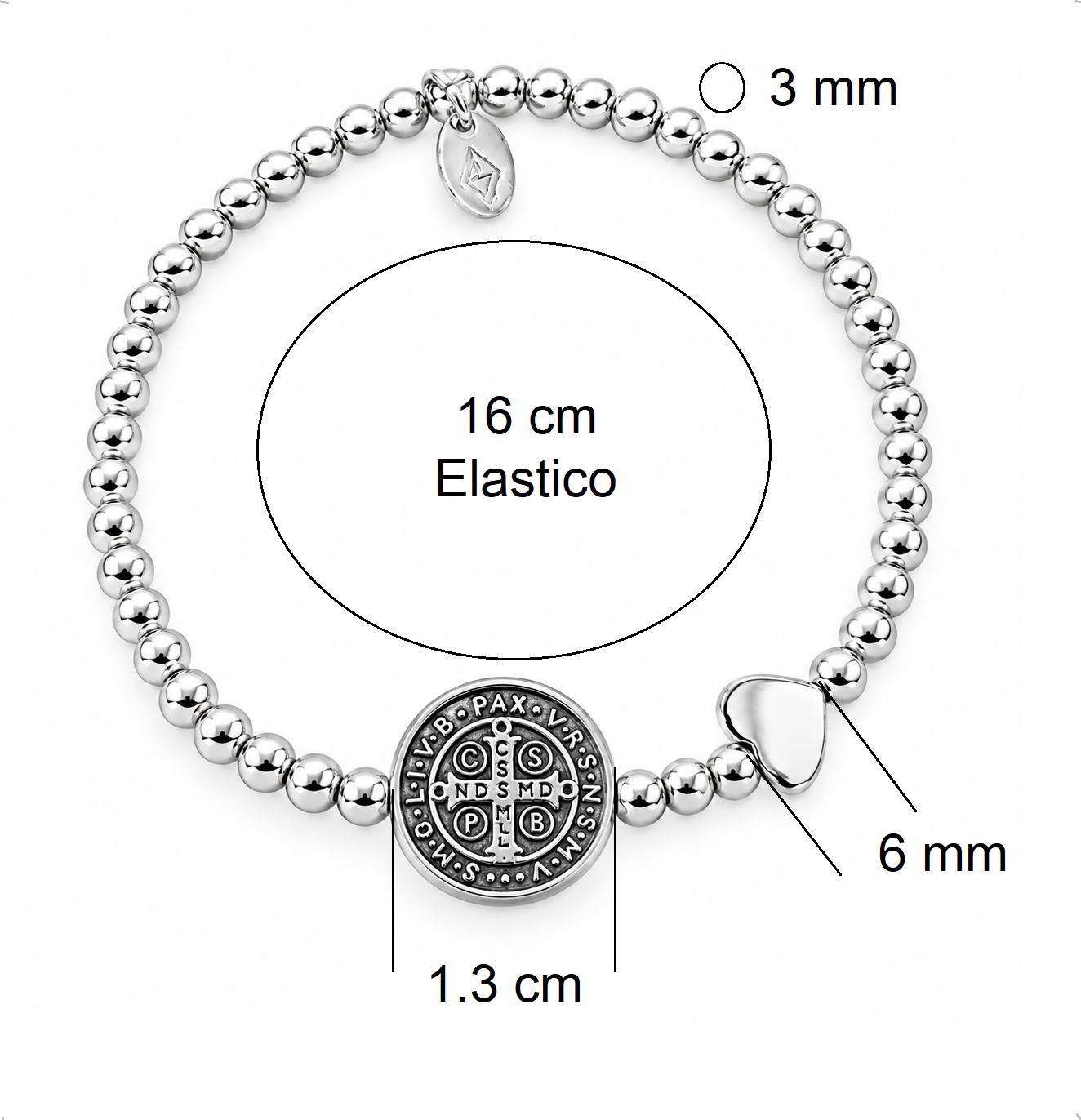 Pulsera Plata 925 Bolitas Virgen San Benito Corazón Agálea Plateado 5 Cm 16 Cm - Image 5