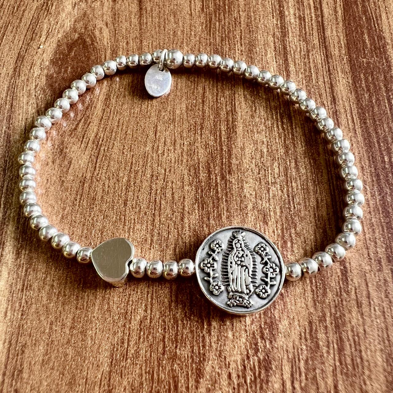 Pulsera Plata 925 Bolitas Virgen San Benito Corazón Agálea Plateado 5 Cm 16 Cm - Image 2