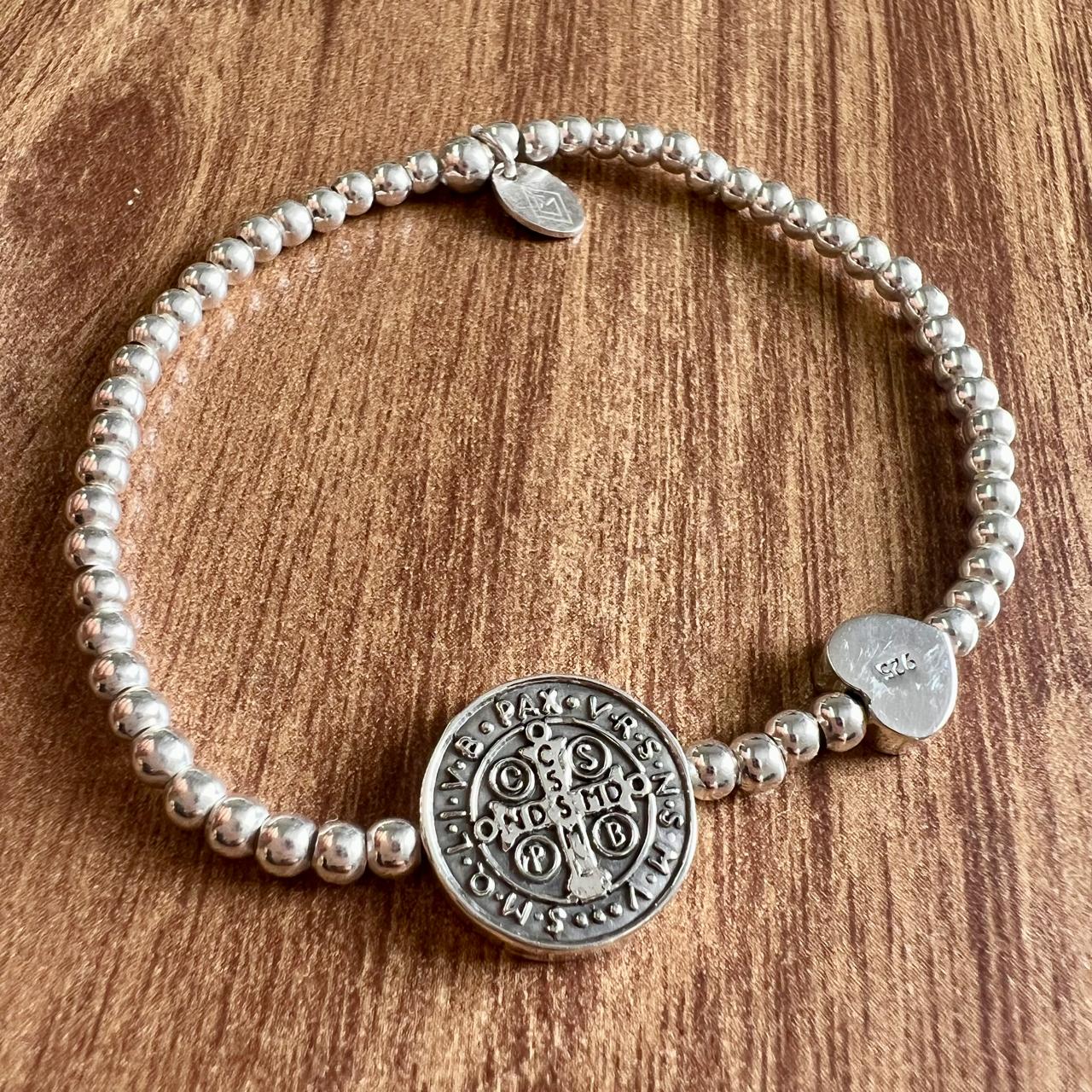 Pulsera Plata 925 Bolitas Virgen San Benito Corazón Agálea Plateado 5 Cm 16 Cm - Image 8