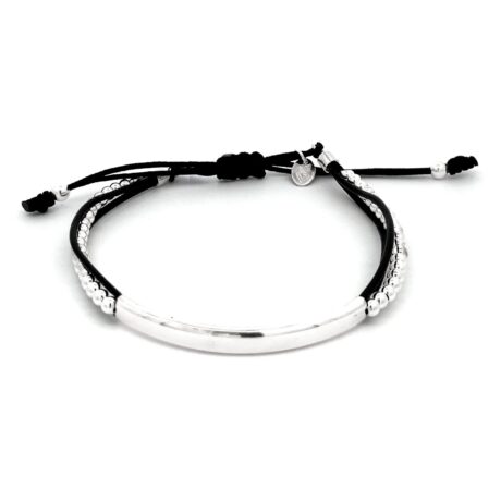 Pulsera Plaquita y Bolitas de Plata .925 Ajustable con Piel Agálea