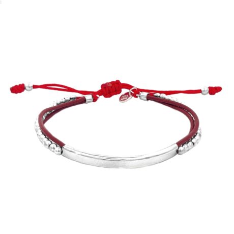 Pulsera Plaquita y Bolitas de Plata .925 Ajustable con Piel Agálea
