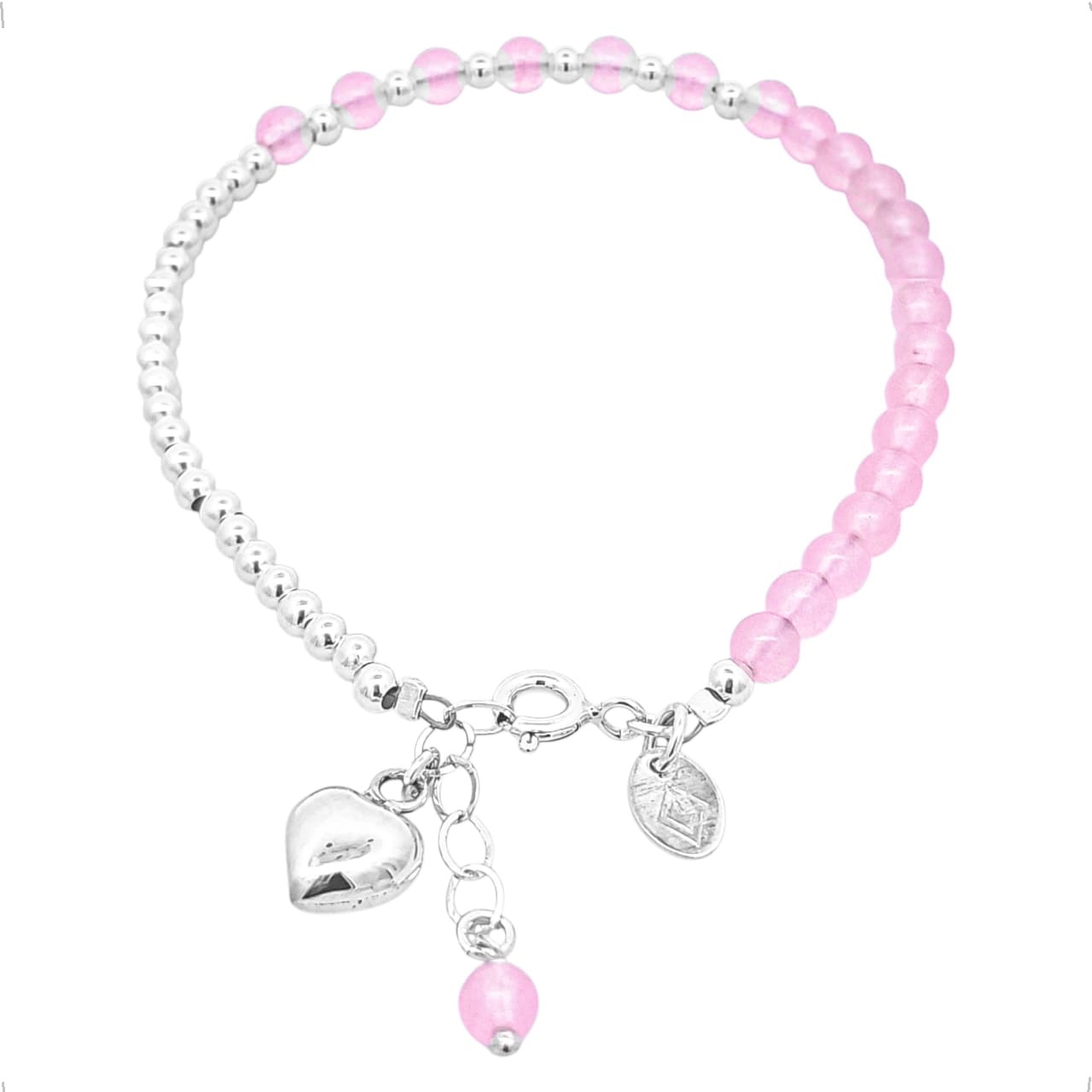 Pulsera Plata .925 Bolita Cuarzo Rosa Y Dije Corazón Agálea
