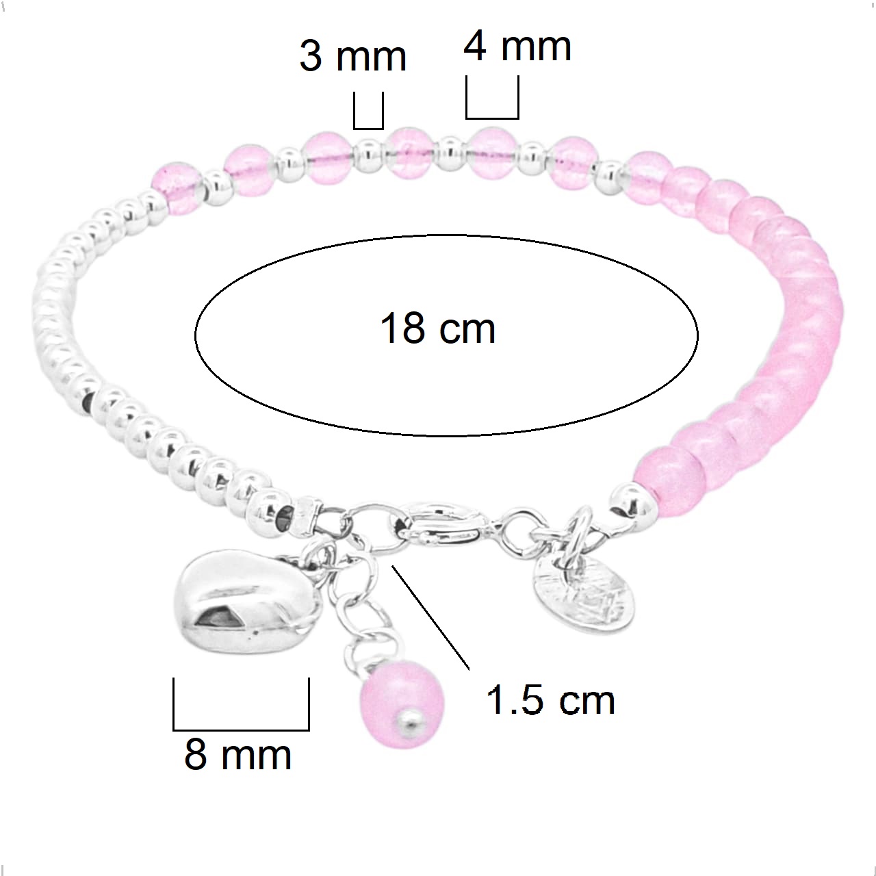 Pulsera Plata .925 Bolita Cuarzo Rosa Y Dije Corazón Agálea - Image 2