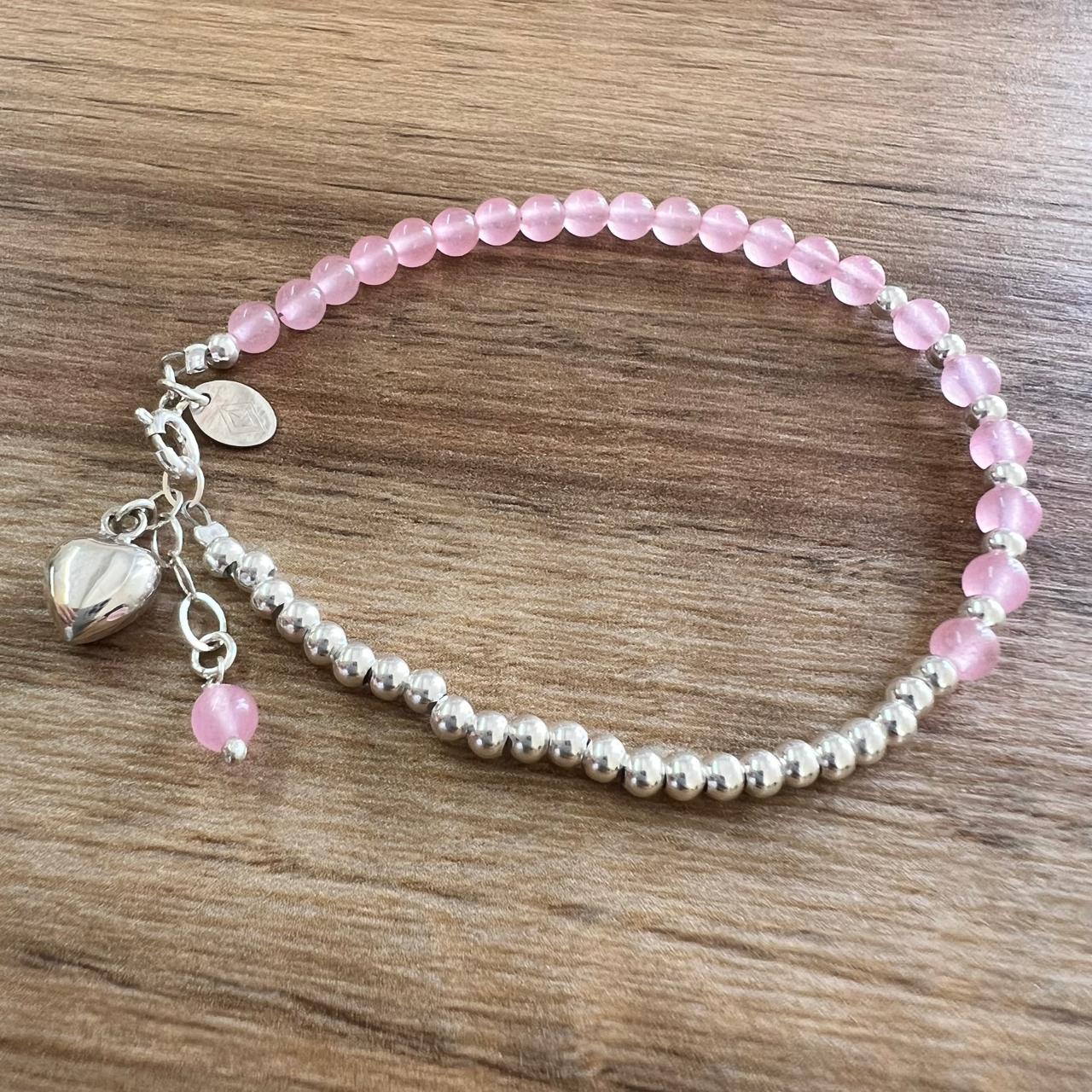 Pulsera Plata .925 Bolita Cuarzo Rosa Y Dije Corazón Agálea - Image 3