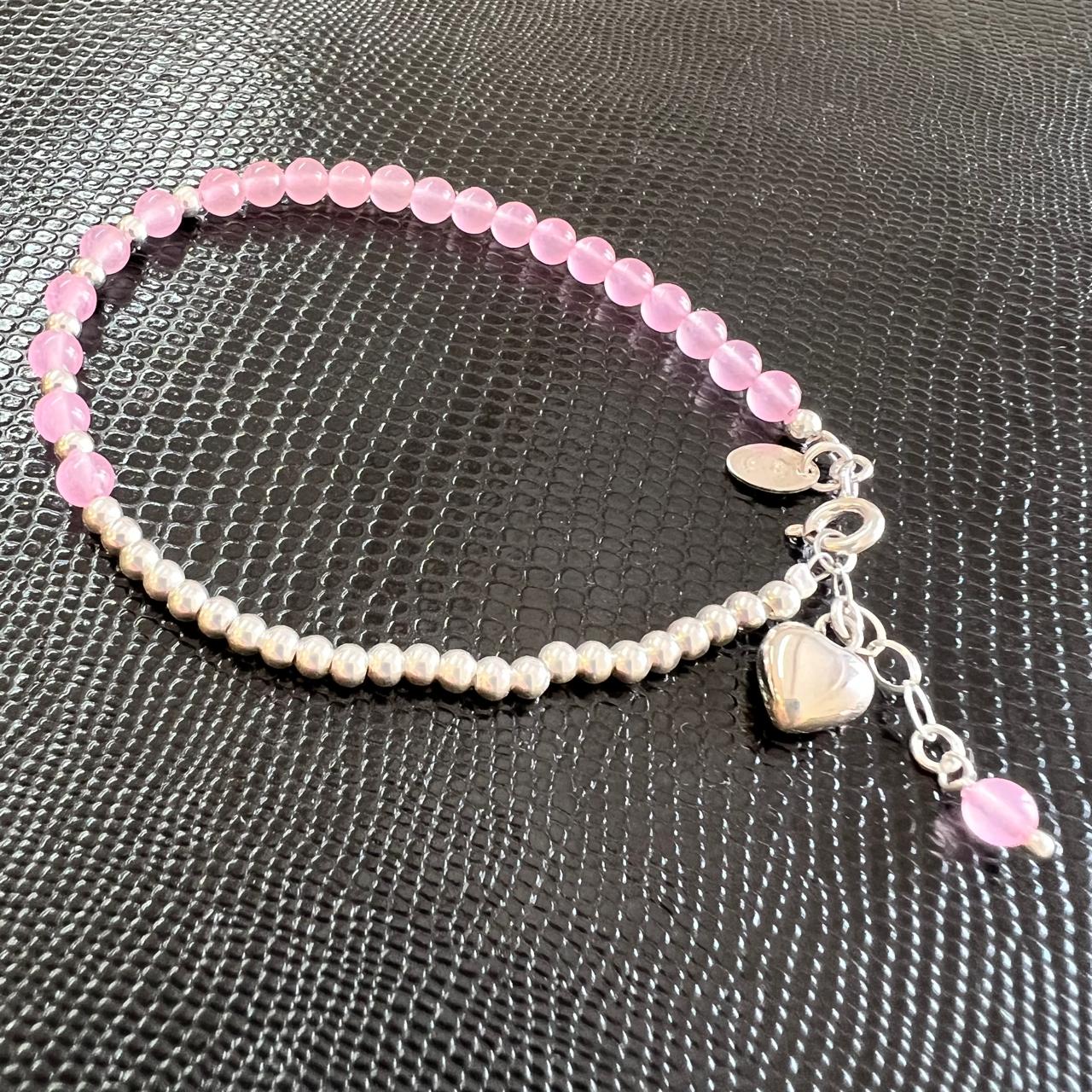 Pulsera Plata .925 Bolita Cuarzo Rosa Y Dije Corazón Agálea - Image 4