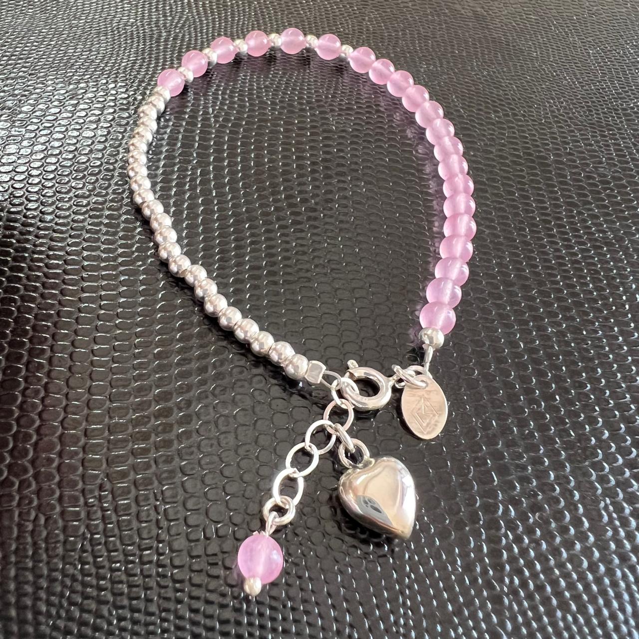 Pulsera Plata .925 Bolita Cuarzo Rosa Y Dije Corazón Agálea - Image 6