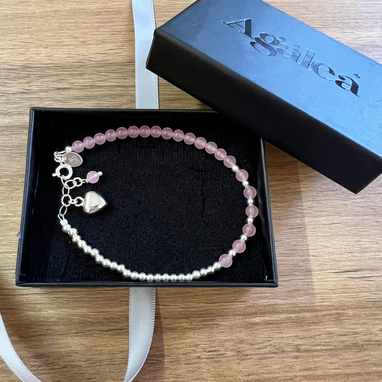 Pulsera Plata .925 Bolita Cuarzo Rosa Y Dije Corazón Agálea - Image 7