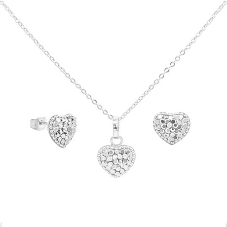 Collar Y Broquel Plata .925 Corazon Con Cristal Agálea Mujer