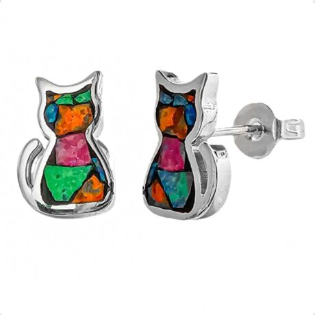 Arete Broquel De Plata .925 Gato Ópalo Multicolor Agálea