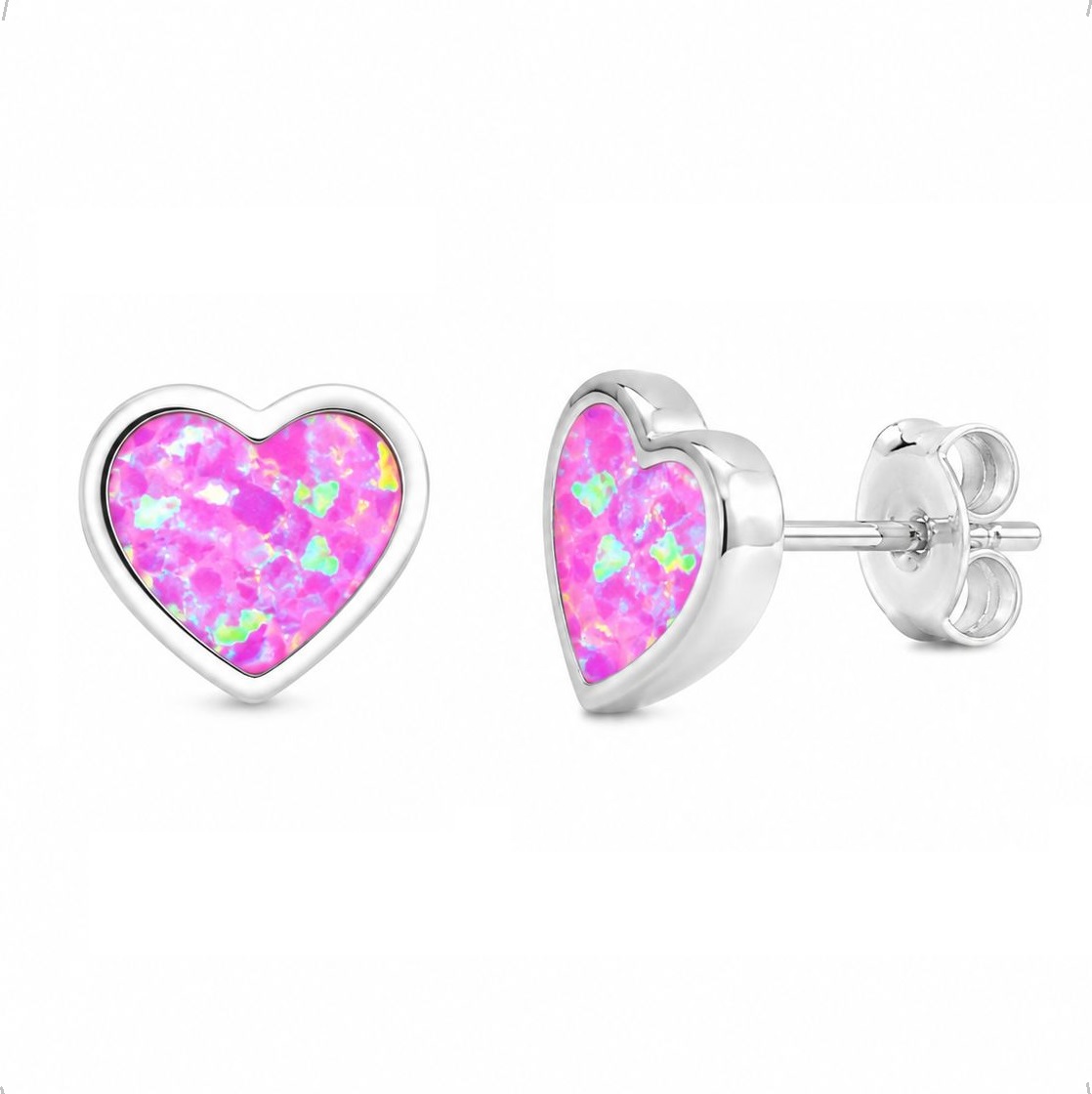 Arete Broquel De Plata .925 Con Opalo Corazón Rosa Agálea