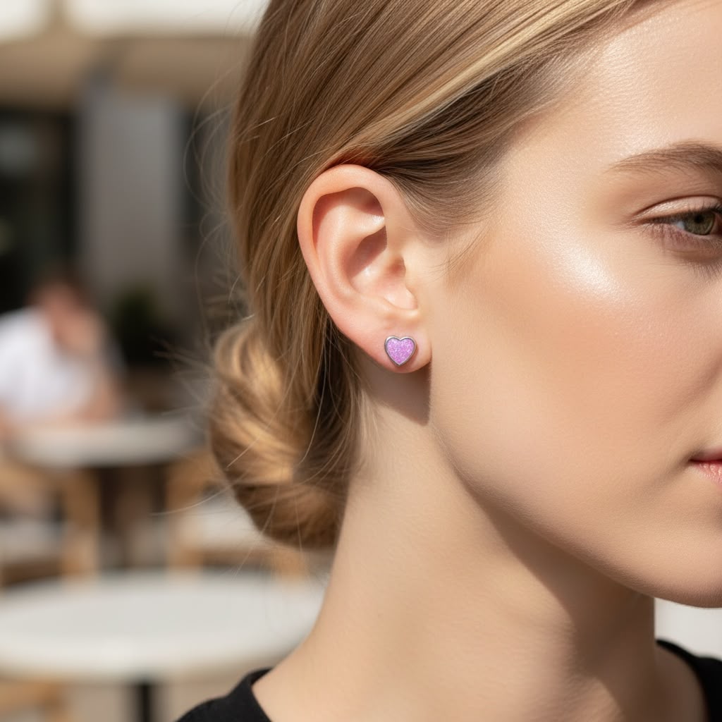 Arete Broquel De Plata .925 Con Opalo Corazón Rosa Agálea - Image 6