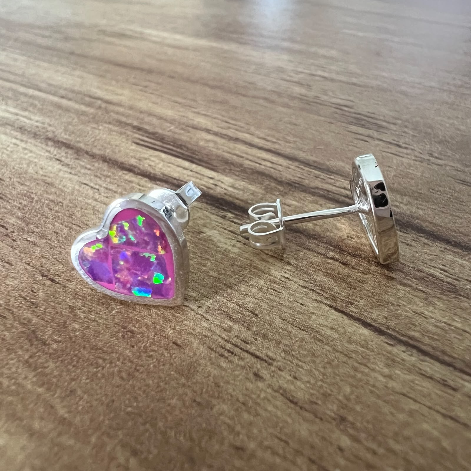 Arete Broquel De Plata .925 Con Opalo Corazón Rosa Agálea - Image 3
