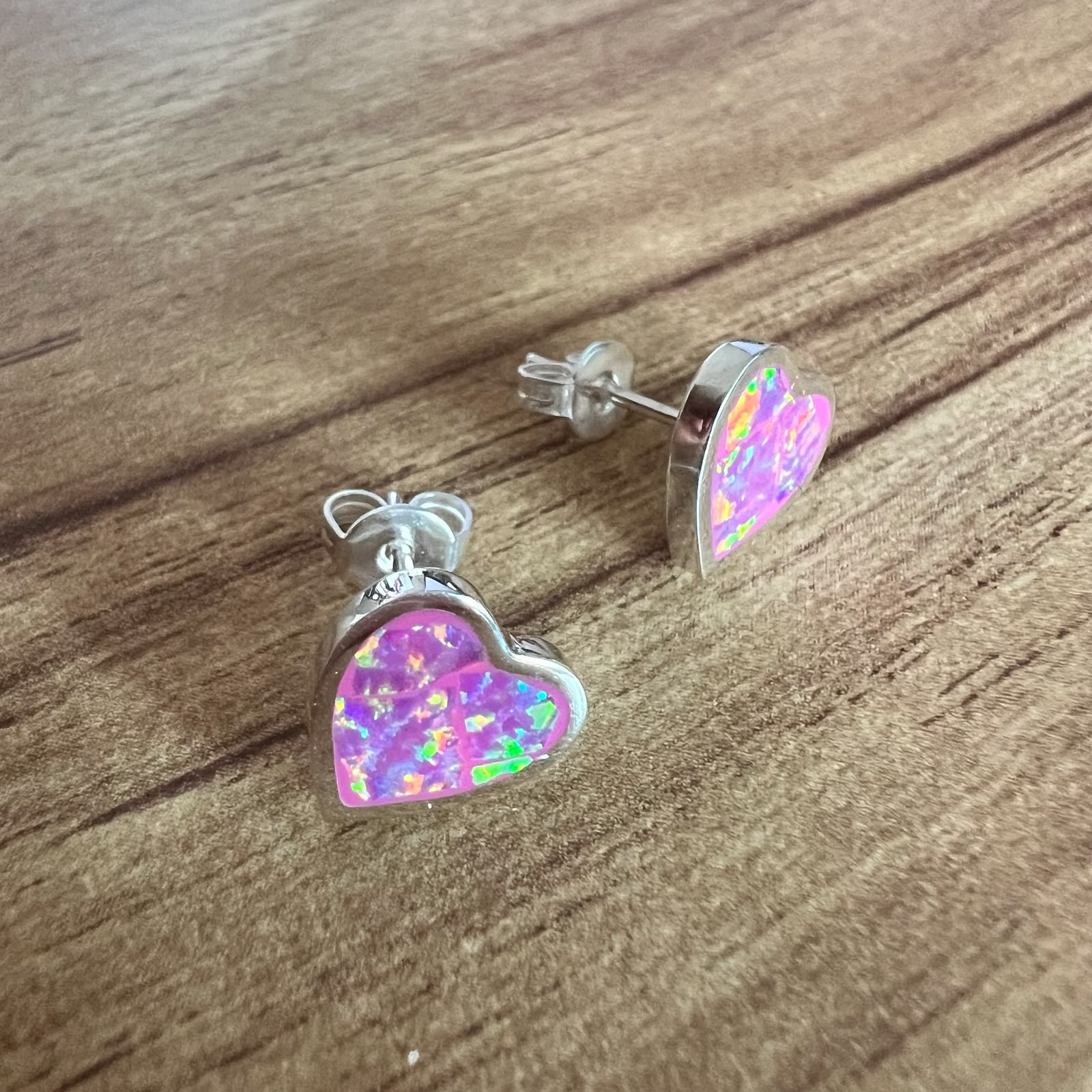 Arete Broquel De Plata .925 Con Opalo Corazón Rosa Agálea - Image 5
