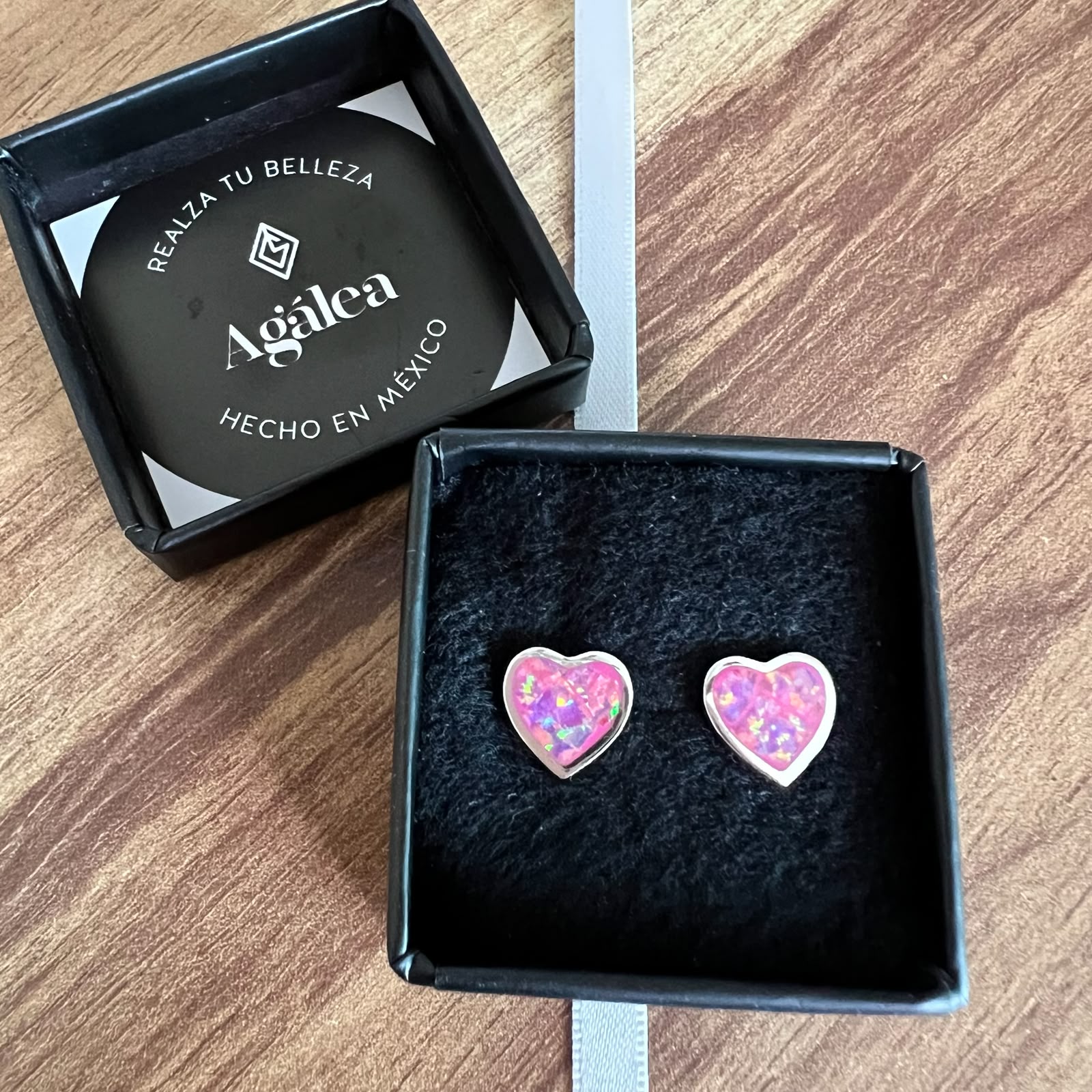 Arete Broquel De Plata .925 Con Opalo Corazón Rosa Agálea - Image 8