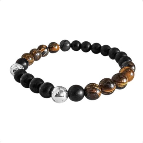 Pulsera Piedra Volcánica, Ojo De Tigre Y Plata.925 Agálea 20 Cm