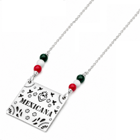Collar México de Plata Ley .925 Dije Cuadrado Calado Tricolor Agálea