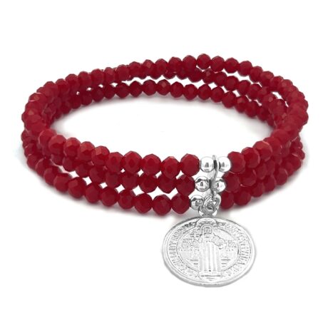 Pulsera Triple Dije San Benito De Plata Ley 925 Cristal Rojo Agálea